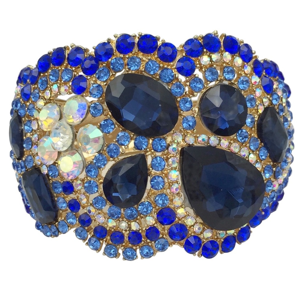 Large Navy Royal & Light Blue AB Iridescent Chunky Gold Hinged Bangle Bracelet